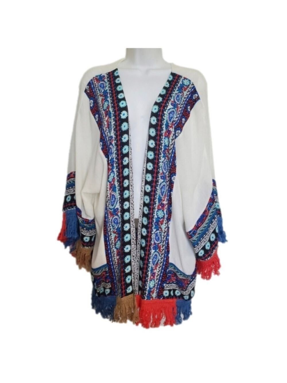 Umgee Kimono Floral Paisley Fringe Boho Beach Festive Cream Womens (S)